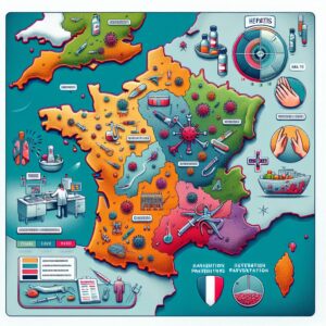 A detailed illustration showing the spread of the Hepatitis A virus with a map of France in the background, highlighting areas with the most cases. Include illustrations of prevention measures such as hand washing, safe food handling, and vaccination symbols. Use a medical and educational theme, with vibrant colors to capture readers' attention.