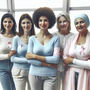 A group of diverse women aged 50 and above at a medical screening facility, expressing a sense of community and empowerment, emphasizing early detection and breast cancer awareness.