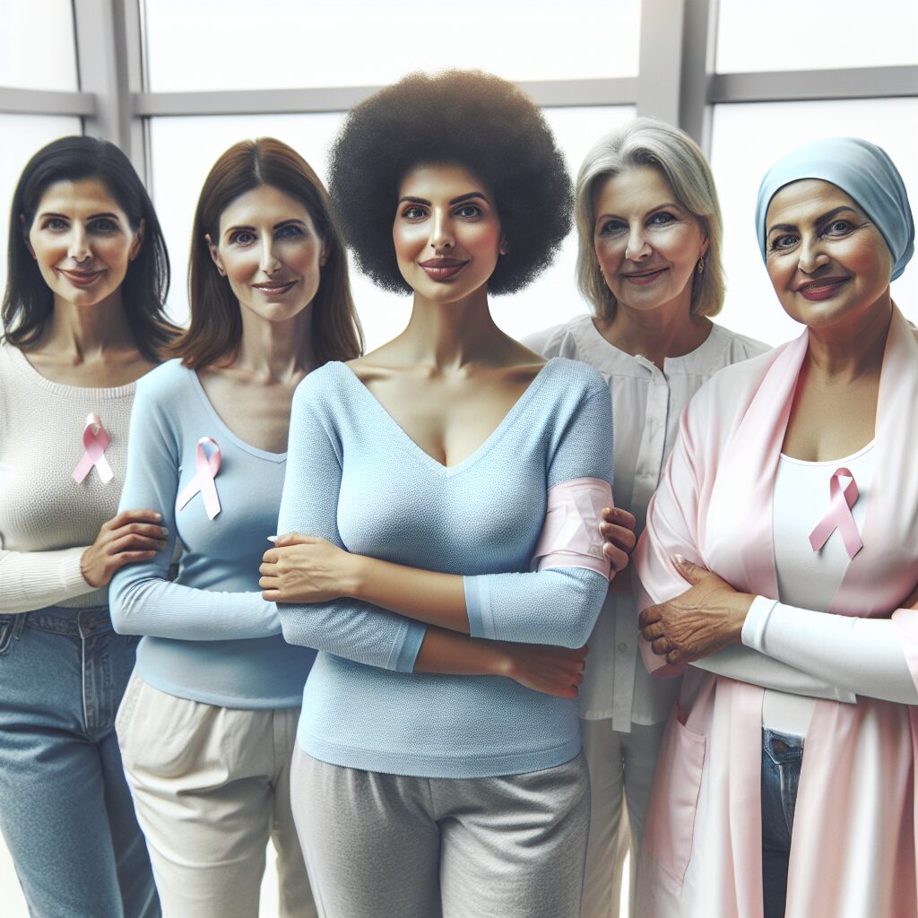 A group of diverse women aged 50 and above at a medical screening facility, expressing a sense of community and empowerment, emphasizing early detection and breast cancer awareness.