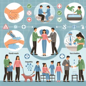 Image représentant des mesures de prévention de l'hépatite A, illustrant le lavage des mains, la vaccination et l'hygiène en famille, avec des symboles de santé en arrière-plan.