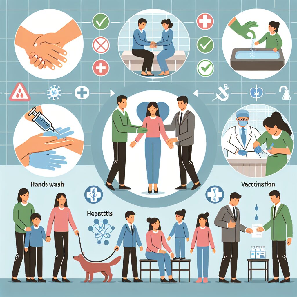 Image représentant des mesures de prévention de l'hépatite A, illustrant le lavage des mains, la vaccination et l'hygiène en famille, avec des symboles de santé en arrière-plan.