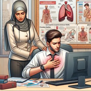 An insightful illustration depicting an office worker experiencing symptoms of a work-related illness, with a background showing a supportive healthcare professional providing guidance, emphasizing prevention and awareness in a corporate environment.
