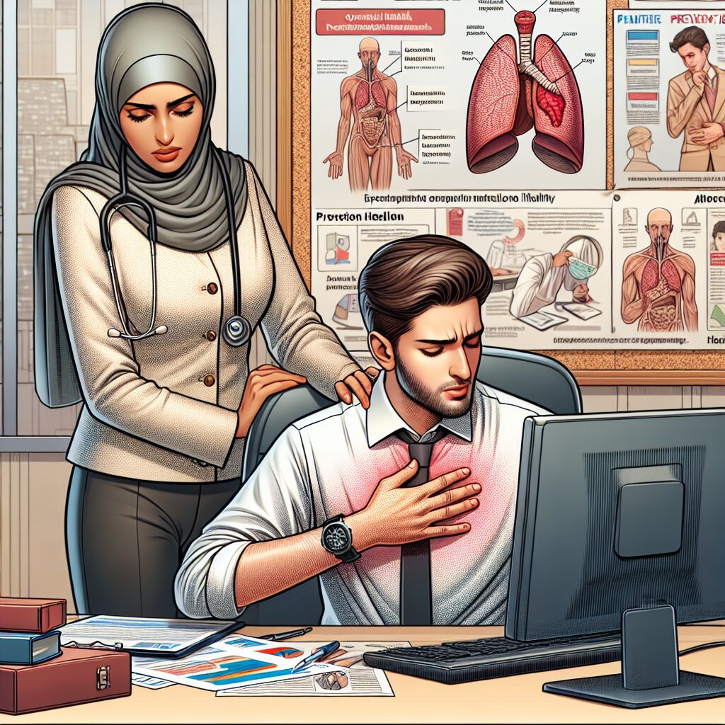 An insightful illustration depicting an office worker experiencing symptoms of a work-related illness, with a background showing a supportive healthcare professional providing guidance, emphasizing prevention and awareness in a corporate environment.