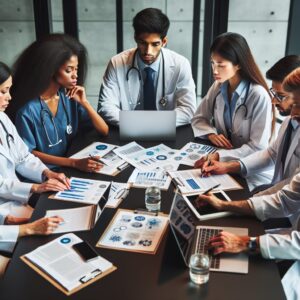 A diverse group of healthcare and environmental professionals gathered around a table, engaged in a discussion, with documents and laptops, representing diverse cultures and backgrounds, set in a modern conference room.