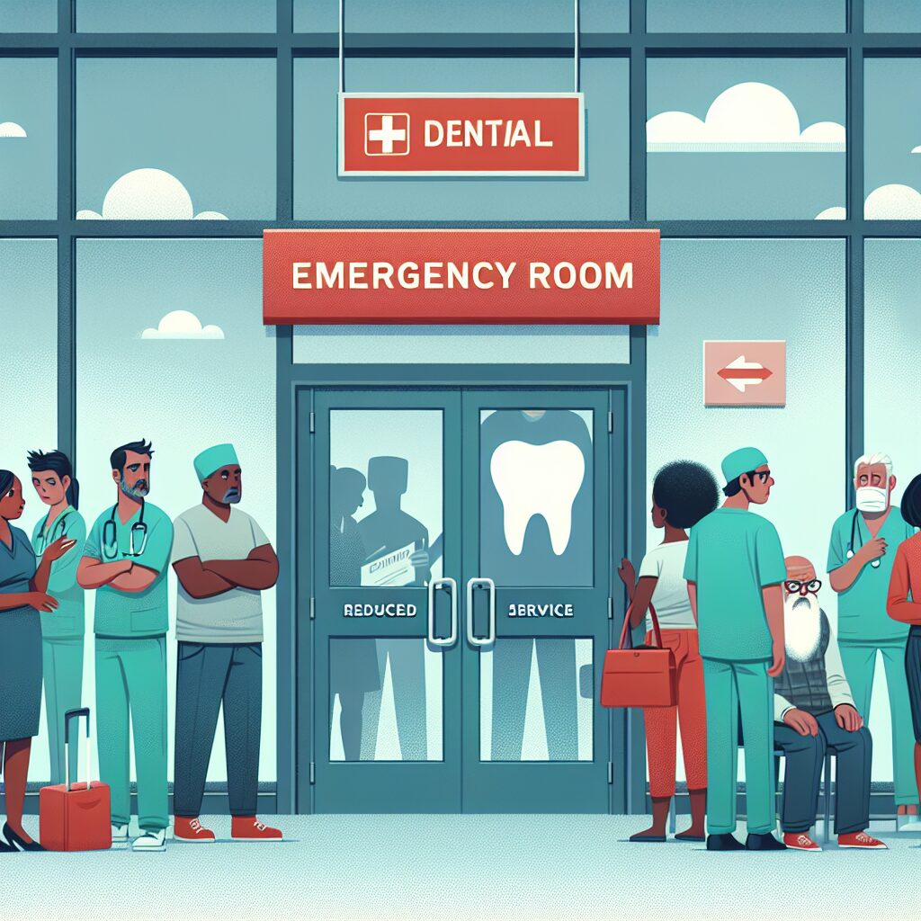 Illustration of a dental emergency room with closed doors, patients waiting anxiously outside, and a sign indicating reduced service hours. The atmosphere is tense and highlights the urgency and frustration faced by patients in need of immediate dental care.