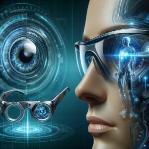 An illustration showing a high-tech retinal implant device along with modern, sleek smart glasses, highlighting a futuristic medical advancement in vision improvement for the elderly.