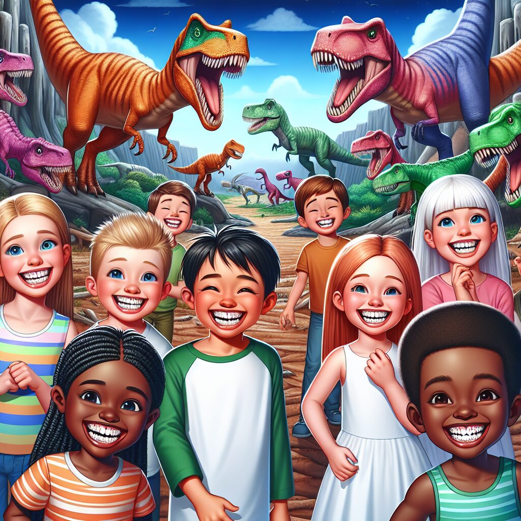 A colorful and cheerful illustration showing a diverse group of happy children with healthy sparkling teeth, standing in a prehistoric setting with friendly dinosaur characters playing around, demonstrating the importance of dental care.