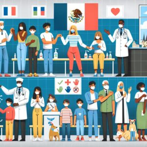 Illustration d'une scène montrant des précautions sanitaires pour prévenir les épidémies, avec des individus se lavant les mains, portant des masques et une vaccination symbolique, ambiance moderne et éducative dans un cadre français.