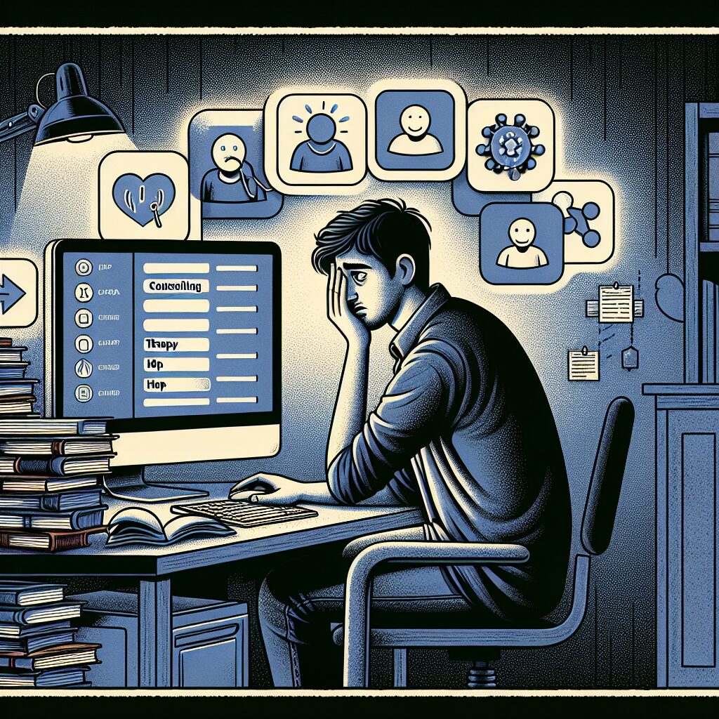 A university student looking stressed, sitting at a computer in a dimly lit room, with digital icons representing mental health services surrounding the scene, in an illustration style.