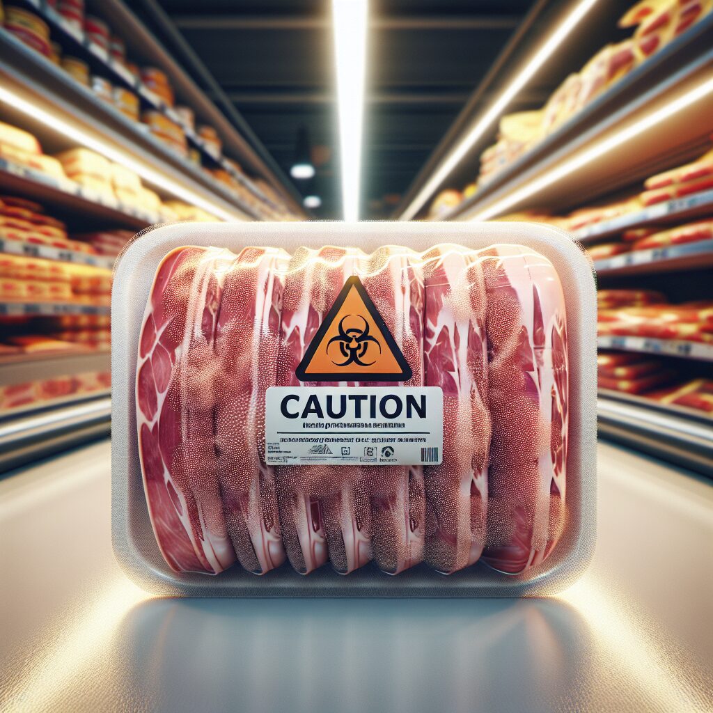 A close-up image of packaged ham slices, with a caution symbol and Listeria bacteria illustration, taken in a supermarket setting in France.