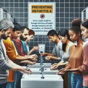 A group of diverse people washing their hands thoroughly with soap and water, set in a bright and clean bathroom. In the background, an informative poster about preventing hepatitis A through hygiene practices is visible. The scene conveys health, awareness, and prevention.