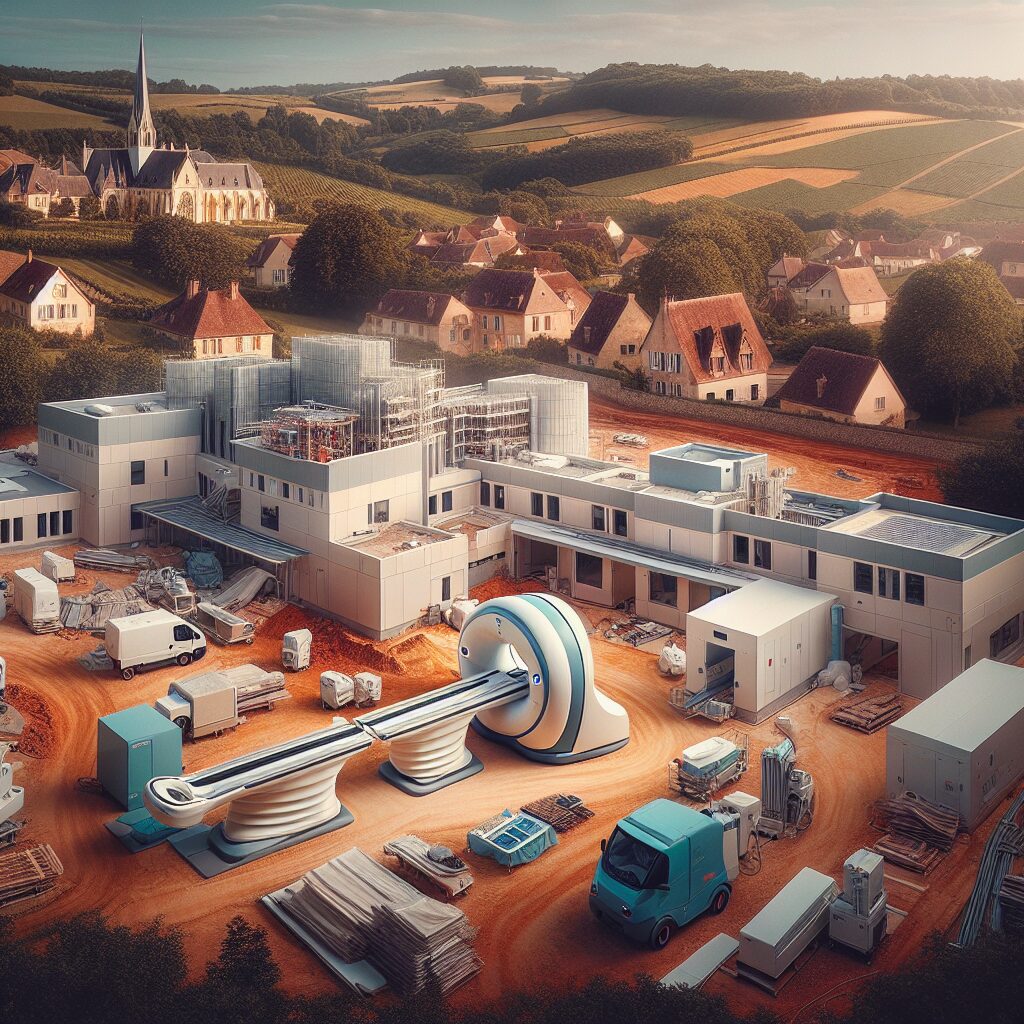 A modern healthcare facility under expansion, showing construction and development, with futuristic imaging equipment like scanners and radiology machines, set in a picturesque rural area of France.