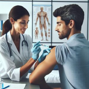 An image depicting a healthcare professional administering a flu vaccine in a modern clinic setting, with medical posters and sterile equipment visible in the background, showing a sense of trust and professionalism.