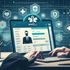 Une personne utilisant un ordinateur portable pour accéder à son compte Ameli, avec des éléments graphiques représentant la santé et l'administration française en arrière-plan.