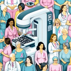 An informative illustration showing women aged 50 and above attending a breast cancer screening, with a mammogram machine in the background and medical staff guiding them, underlining the importance and safety of regular screenings.