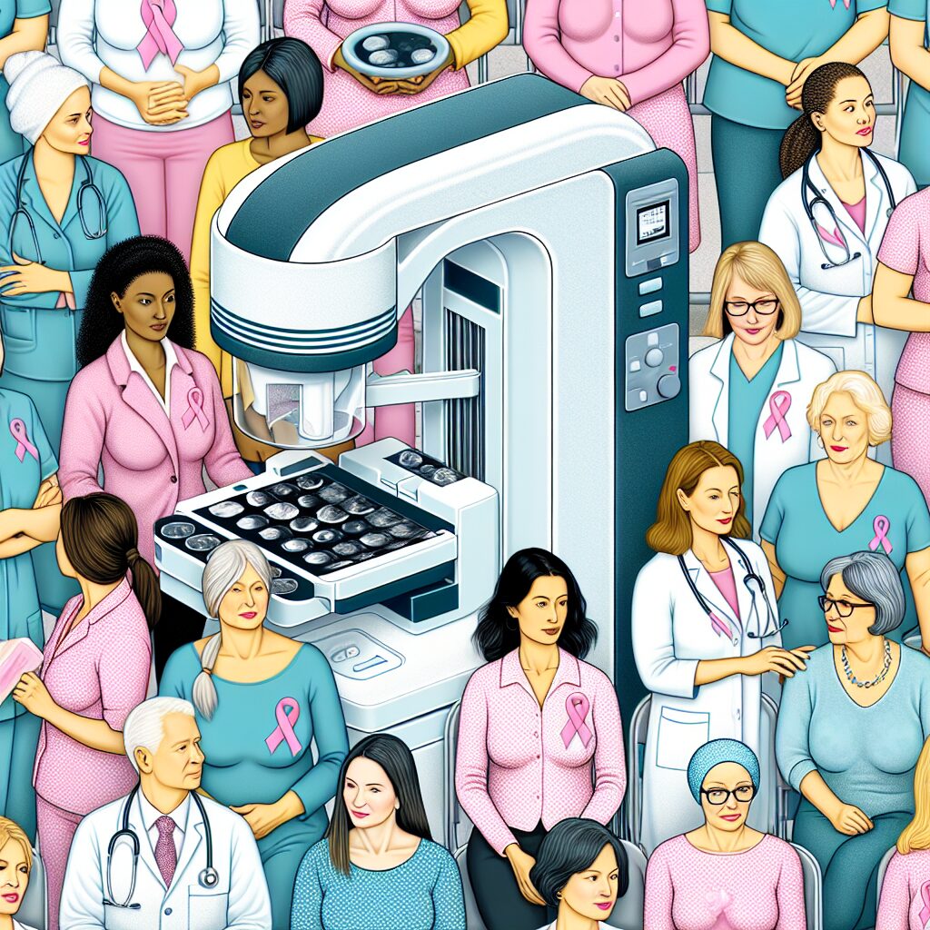 An informative illustration showing women aged 50 and above attending a breast cancer screening, with a mammogram machine in the background and medical staff guiding them, underlining the importance and safety of regular screenings.