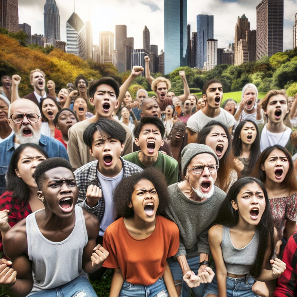An energetic group of people of different ages gathered in a park, all screaming together with expressions of cathartic release, set against a vibrant cityscape background to represent a modern urban setting.