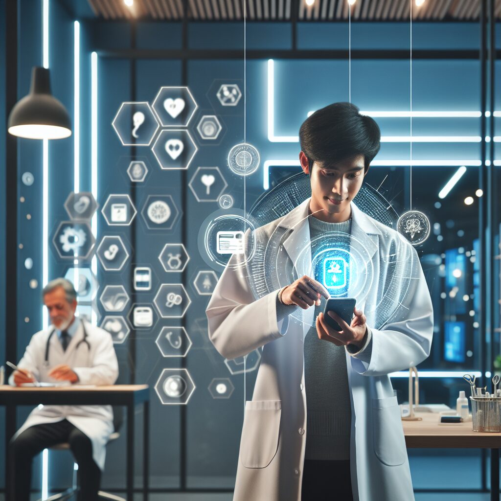 A patient using a smartphone to access a digital health card application at a modern medical clinic, with a doctor and digital devices in the background.