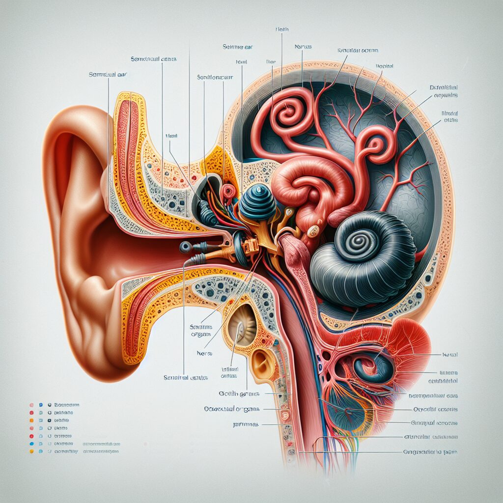 An artistic representation of the human vestibular system, showcasing the inner ear and its connection to the brain, with a focus on balance and movement, in a scientific and educational style.