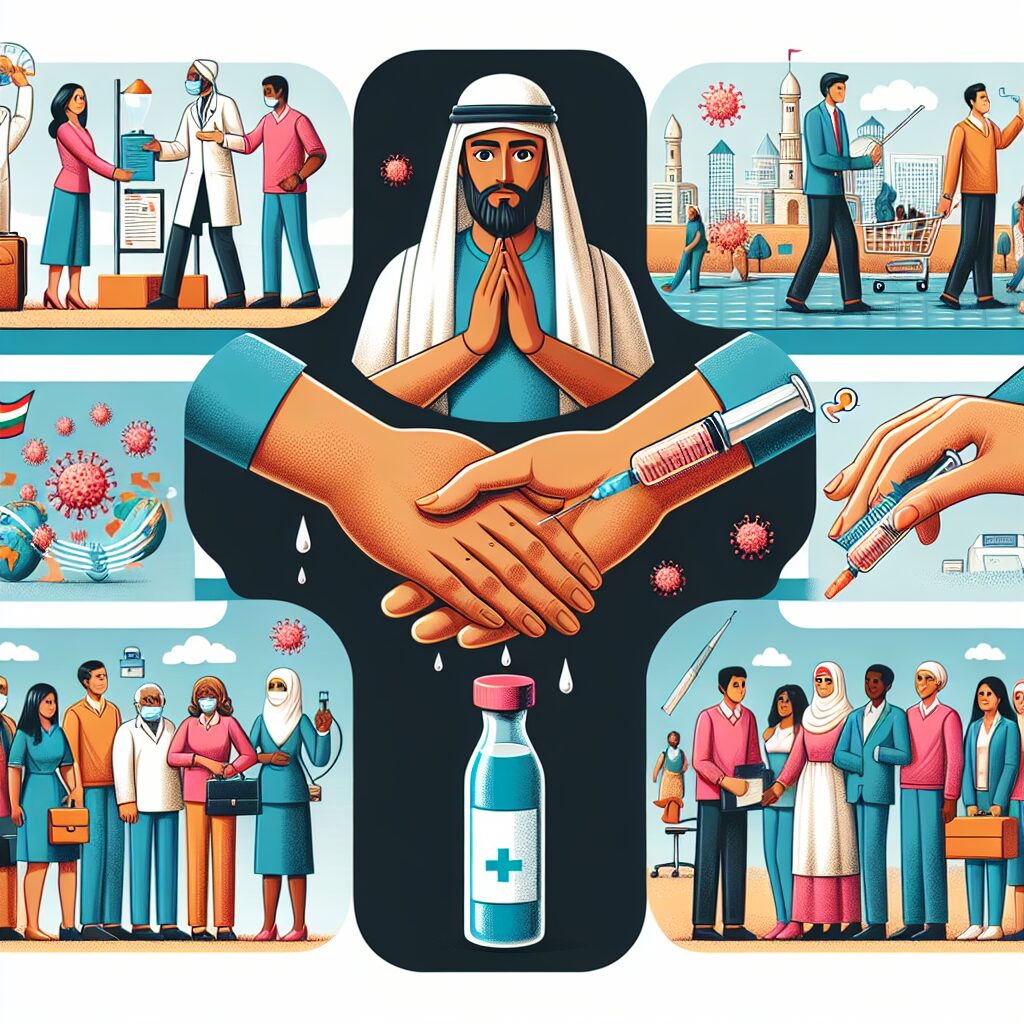 Une illustration éducative montrant la transmission et prévention de l'hépatite A, incluant des symboles de lavage des mains, de vaccination, et des individus dans divers environnements communautaires.