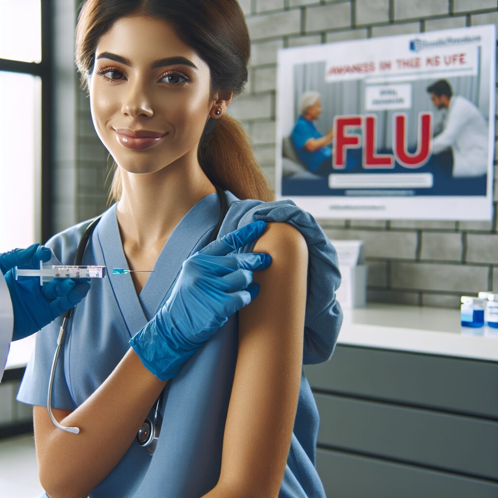 Une infirmière administrant un vaccin contre la grippe dans un centre médical moderne, avec des affiches de campagne de sensibilisation visibles en arrière-plan.