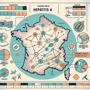 Illustration depicting the transmission of Hepatitis A, showing both direct and indirect contact, including surfaces and food contamination, with a background of France map to symbolize the increase in cases.