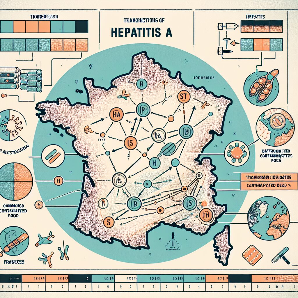 Illustration depicting the transmission of Hepatitis A, showing both direct and indirect contact, including surfaces and food contamination, with a background of France map to symbolize the increase in cases.