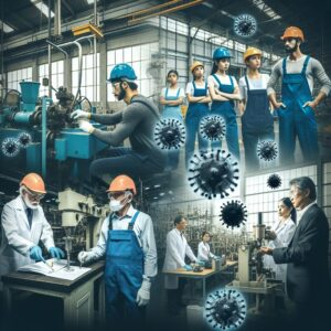 Image montrant des travailleurs dans une usine, portant des équipements de protection et des experts en santé en arrière-plan discutant de mesures préventives effectives pour les maladies professionnelles.