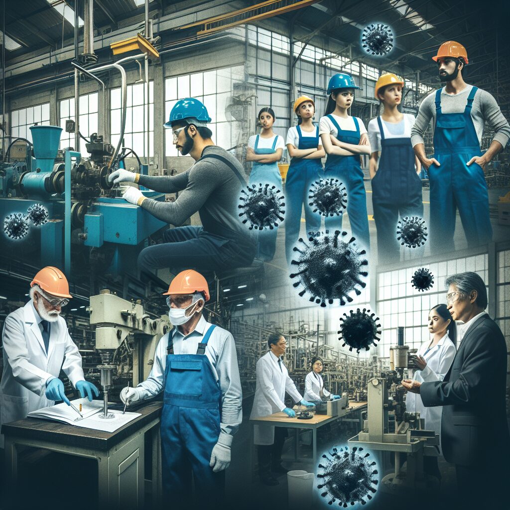 Image montrant des travailleurs dans une usine, portant des équipements de protection et des experts en santé en arrière-plan discutant de mesures préventives effectives pour les maladies professionnelles.