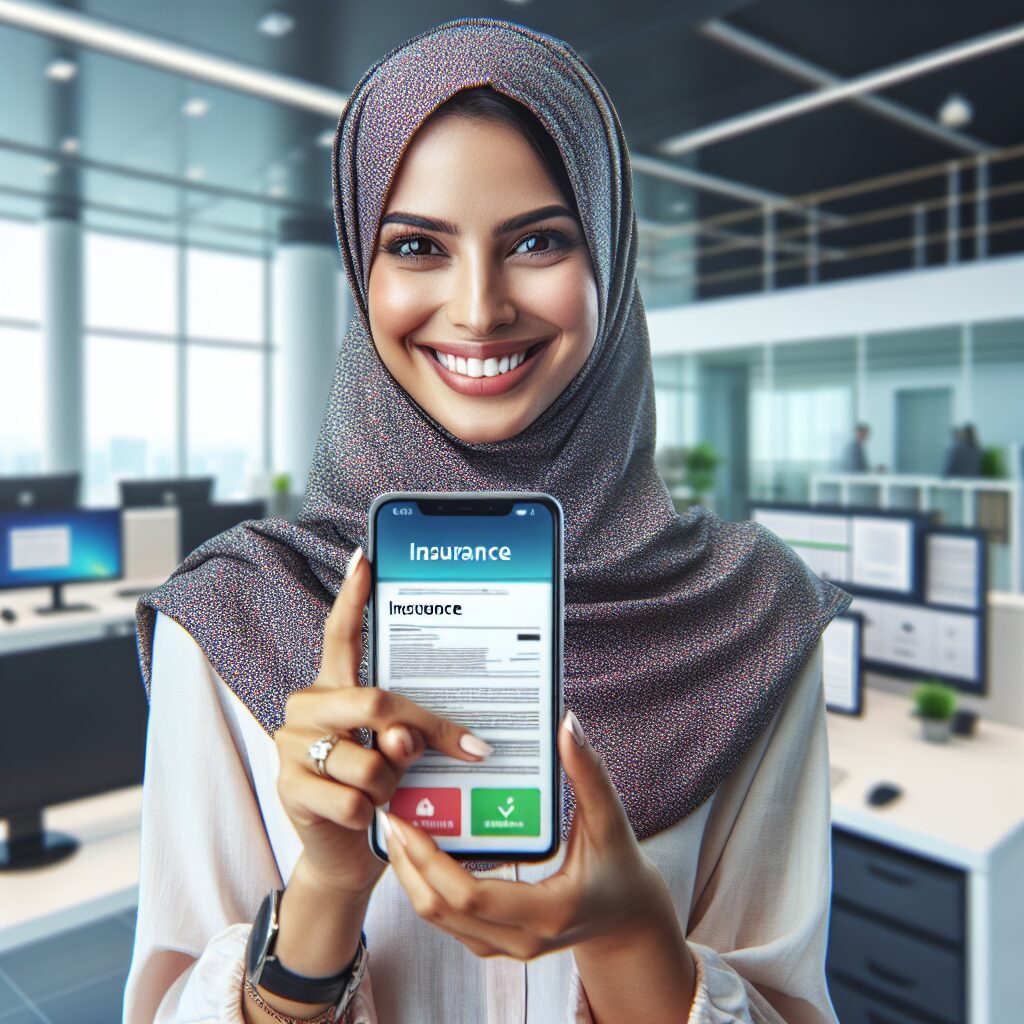 An image of a smiling person holding their smartphone displaying an insurance document on the screen, with an office setting in the background, focusing on the ease of obtaining the document digitally.
