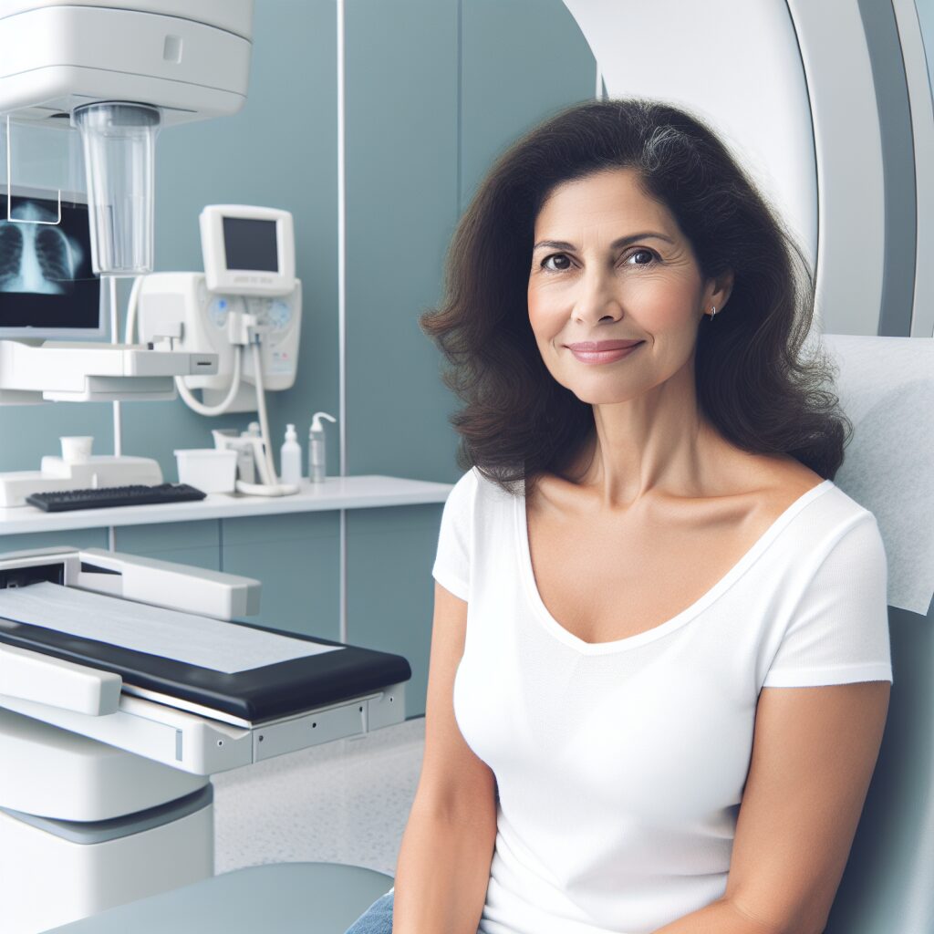 Une femme d'âge moyen, sereine, lors d'un rendez-vous pour une mammographie dans une clinique moderne. L'ambiance est rassurante et médicale, montrant l'importance du dépistage régulier du cancer du sein.