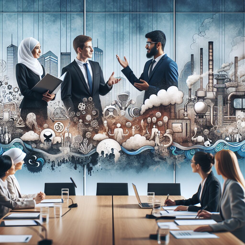 A diverse group of professional experts discussing environmental and occupational health issues in a conference room, with a background showing abstract representations of air and water pollution, and workplace environments.