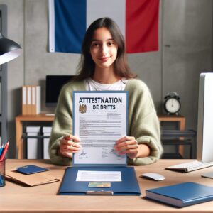 A person holding a large document titled 'Attestation de Droits', in a well-organized desk setting with a computer and a French health card, symbolizing the process of obtaining the document online or in-person, with a subtle French flag in the background.