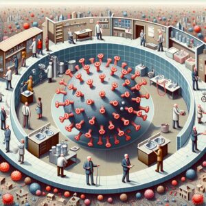 A detailed illustration of the hepatitis A virus depicted as microscopic particles, with a background showing human figures practicing good hygiene habits, such as handwashing and avoiding close contact, to prevent the spread of the virus in a community setting.