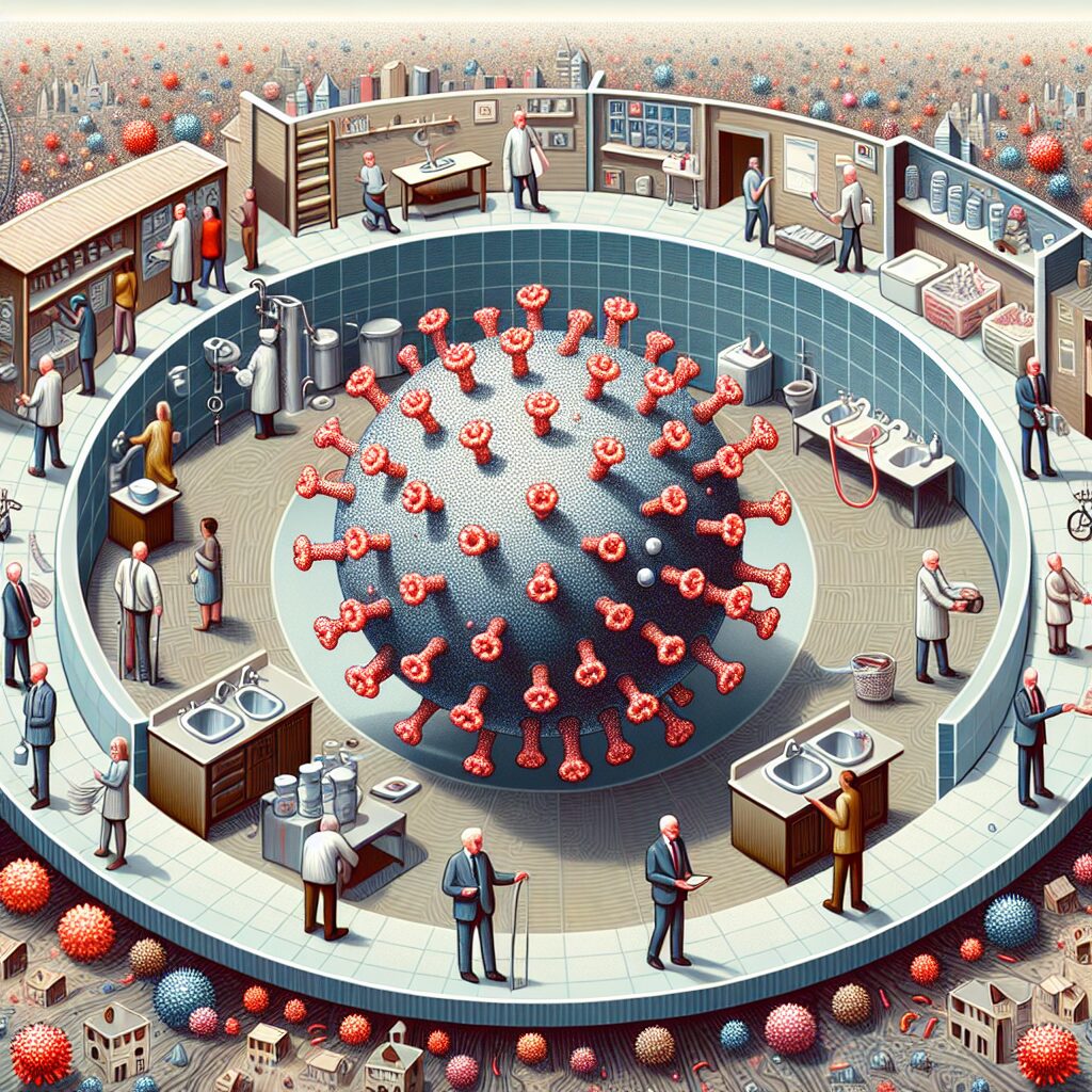 A detailed illustration of the hepatitis A virus depicted as microscopic particles, with a background showing human figures practicing good hygiene habits, such as handwashing and avoiding close contact, to prevent the spread of the virus in a community setting.