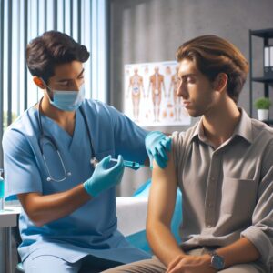 An informative and engaging image depicting a healthcare professional administering a flu vaccine to a patient in a medical facility. The setting is calm and reassuring, emphasizing safety and protection against influenza.