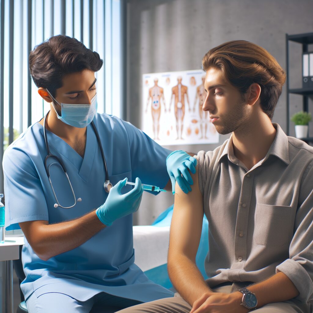 An informative and engaging image depicting a healthcare professional administering a flu vaccine to a patient in a medical facility. The setting is calm and reassuring, emphasizing safety and protection against influenza.