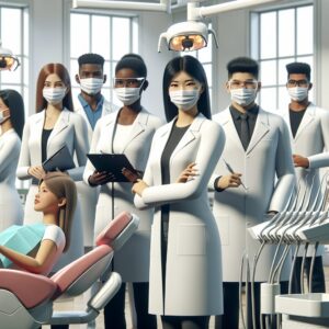 Image d'un centre moderne de soins dentaires à Angers, avec des étudiants dentistes effectuant des soins sous la supervision de praticiens expérimentés.