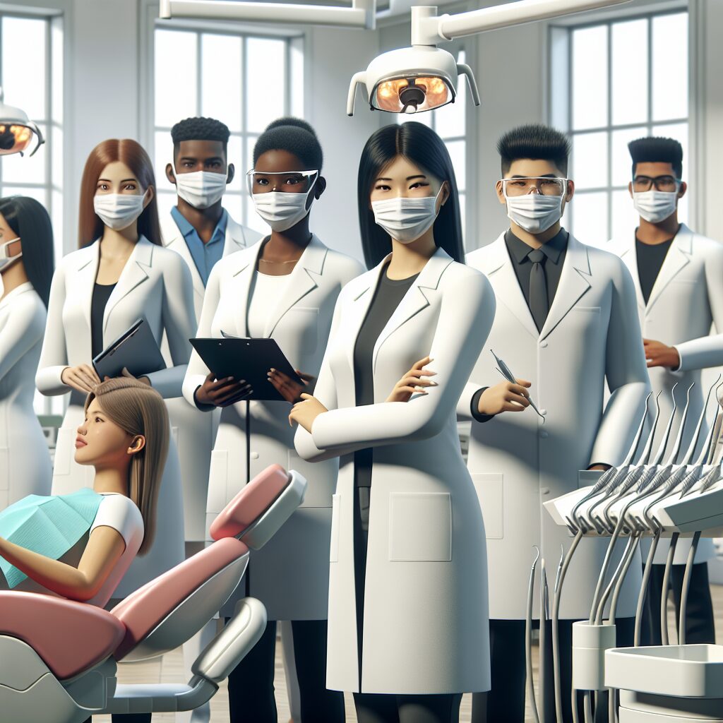 Image d'un centre moderne de soins dentaires à Angers, avec des étudiants dentistes effectuant des soins sous la supervision de praticiens expérimentés.