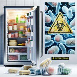 Un réfrigérateur ouvert montrant des aliments congelés, avec un signal d'avertissement sur les dangers de la recongélation. En arrière-plan, des illustrations de bactéries sur un fond blanc, style réaliste et éducatif.