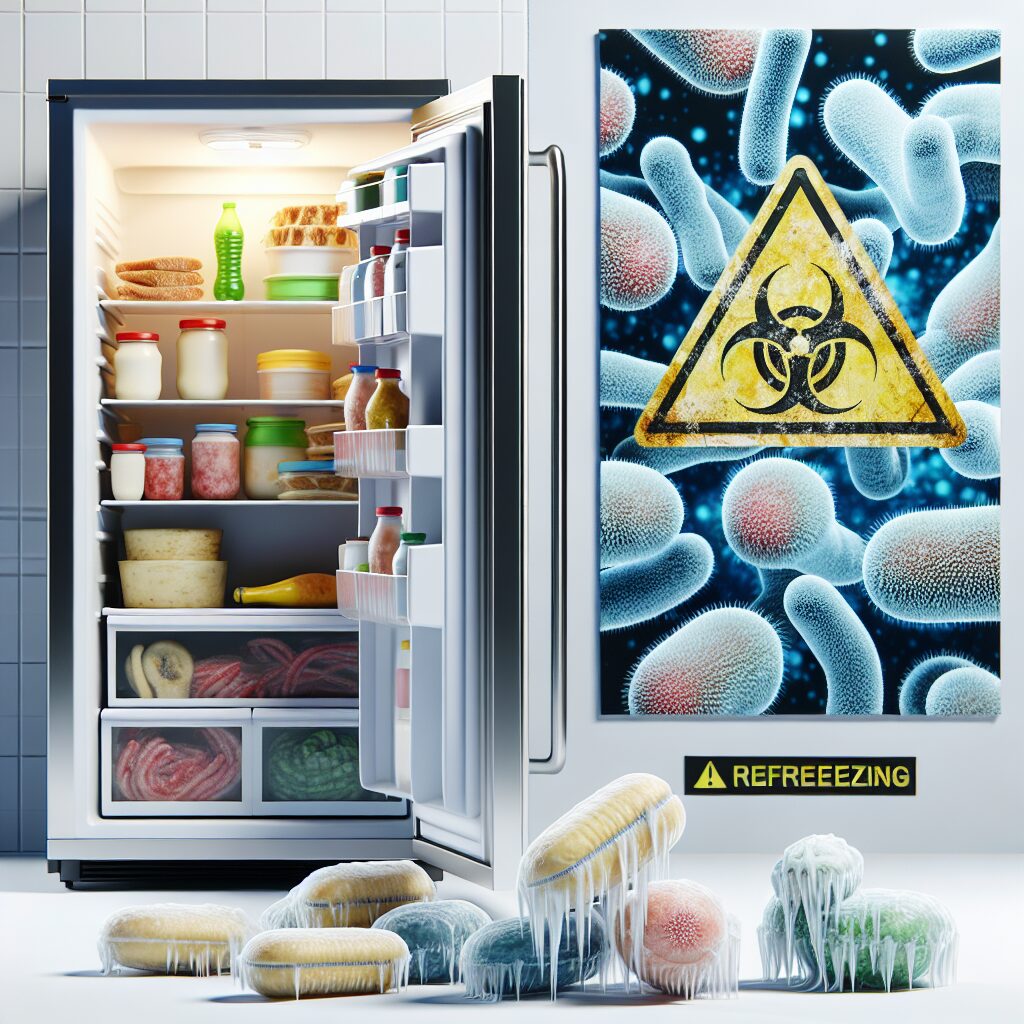 Un réfrigérateur ouvert montrant des aliments congelés, avec un signal d'avertissement sur les dangers de la recongélation. En arrière-plan, des illustrations de bactéries sur un fond blanc, style réaliste et éducatif.