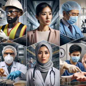 A still image from a documentary film, showing various professionals in different work environments, with a focus on safety and prevention measures. The scene includes safety gear, such as helmets and gloves, symbolic representations of health hazards at workplaces.