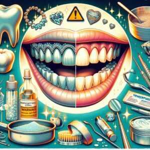 An illustration of modern dental trends showing elements like teeth whitening, dental jewelry, DIY toothpaste in a creative and cautionary visual, highlighting both the allure and potential risks of these practices.