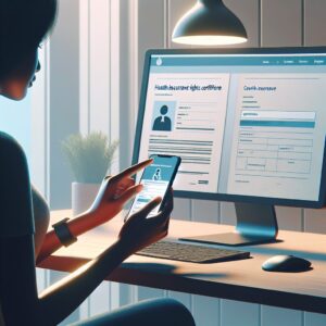 A person using a computer or smartphone to download or view an official document, representing the process of obtaining a health insurance rights certificate online. Include elements such as a government website or app interface.