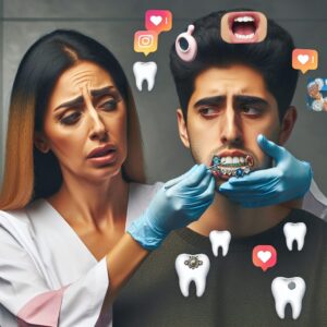 A concerned dentist examining a young adult's teeth, surrounded by social media icons representing dental trends, with elements like teeth jewelry, DIY whitening kits, and adult pacifiers shown in a warning context.