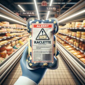 An illustrative image showing a package of raclette cheese with a warning label about listeria contamination, placed on a grocery store shelf. The cheese package is prominently displayed with a background of a supermarket aisle.