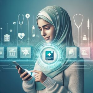 A detailed digital illustration showing a person using a smartphone to access the Ameli health directory. The screen of the phone displays a digital card with holographic elements symbolizing modern technology in healthcare. In the background, there are icons representing various healthcare professions, such as a stethoscope, a pharmacy symbol, and a hospital, set against a soft blue and green gradient background.