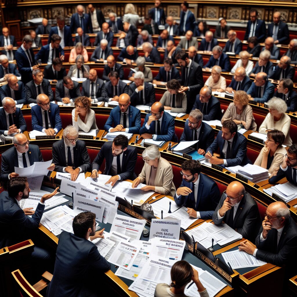 L'Assemblée nationale française en séance, avec des députés discutant animément du budget, des documents sur la sécurité sociale posés sur des tables, une atmosphère de débat intense et des expressions concentrées sur les visages des parlementaires.