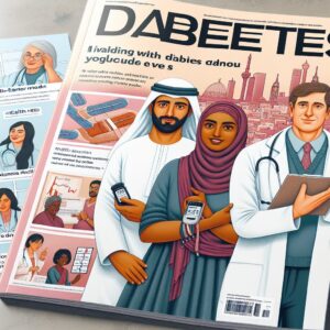 Couverture d'un magazine avec des illustrations de personnes vivant avec le diabète, des graphiques sur la santé et des images de médecins offrant des conseils.