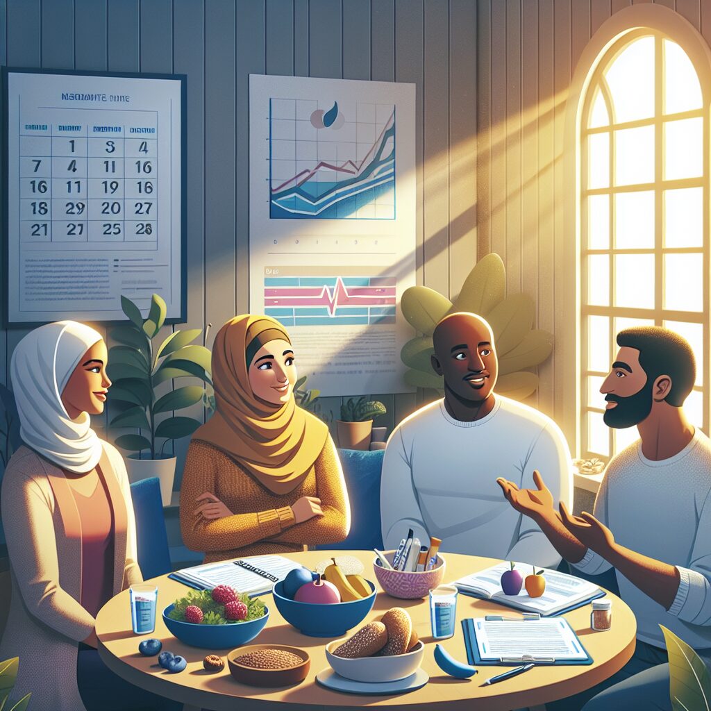 A comforting yet informative scene depicting a diverse group of people engaging in a discussion about diabetes management, surrounded by elements like a calendar, medical charts, and healthy foods. The atmosphere should be warm and encouraging, depicting a supportive community environment.